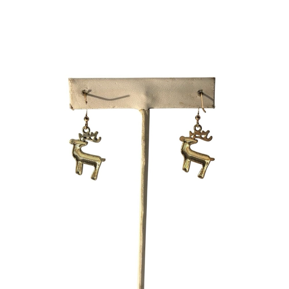 Vintage Gold Tone Enamel Holiday Winter Reindeer Pierced Dangle Earrings‎ - Picture 3 of 4